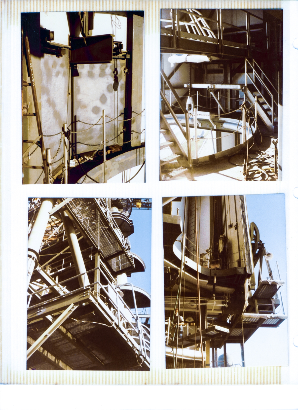 Differing views of the Rotating Service Structure at Launch Complex 39-B, Kennedy Space Center, Florida, including (clockwise from top left) the Monorail Transfer Doors, platform cutouts inside the RCS Room for the nose of the Space Shuttle, platform cutouts for the OMS Pod area of the Space Shuttle at elevations 135' and 125', and the array of framing steel and platforms in the area between Column Lines 1 (the Hinge Column) and 2 on the RSS.